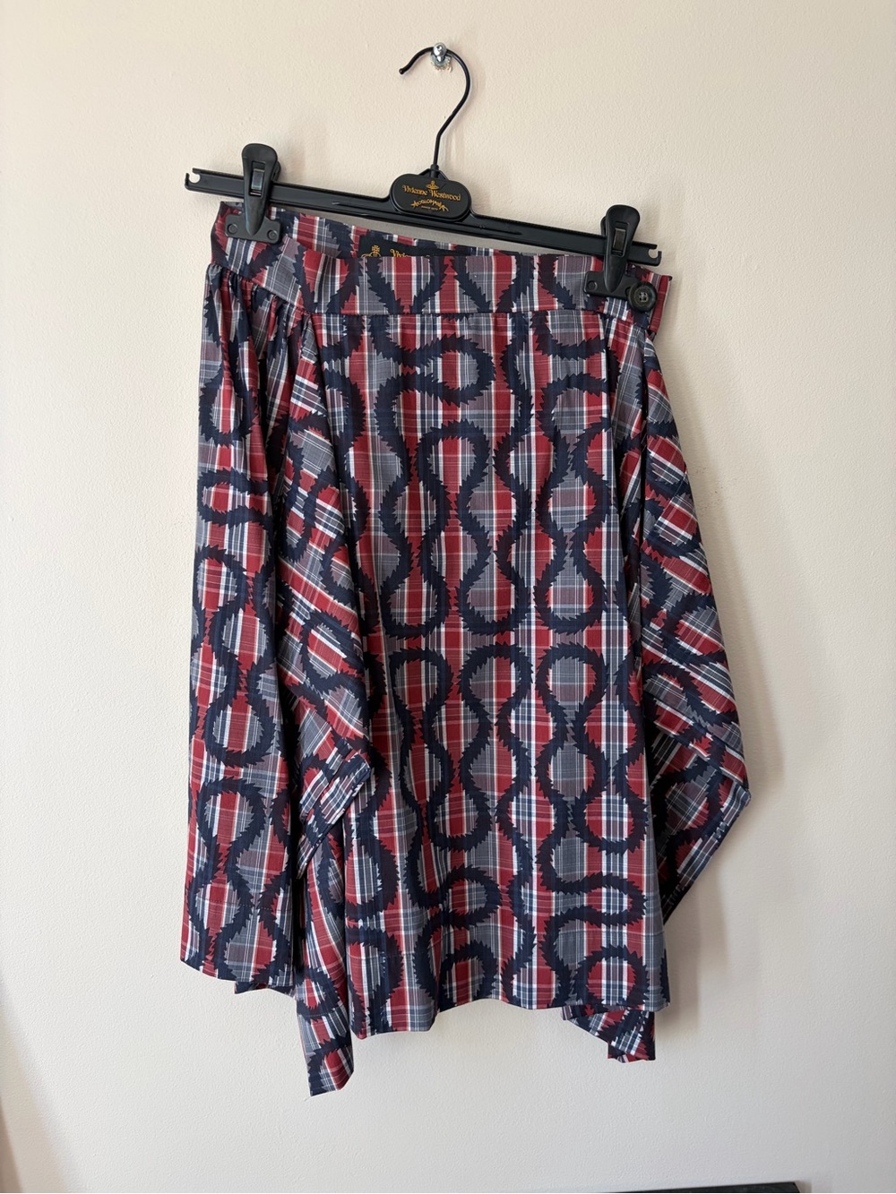 Vivienne Westwood. Pleated Plaid A-Line Skirt in Navy and Red.